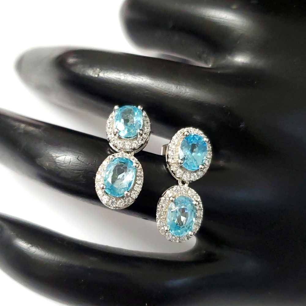 Sterling Silver 925 Topaz Halo Dangle Earrings